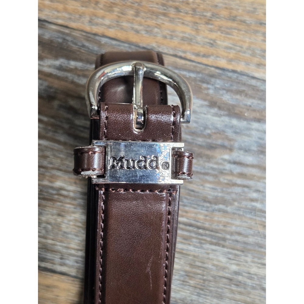 Mudd Womens 2XL Brown Genuine Leather Belt Silver Buckle Logo Plaque